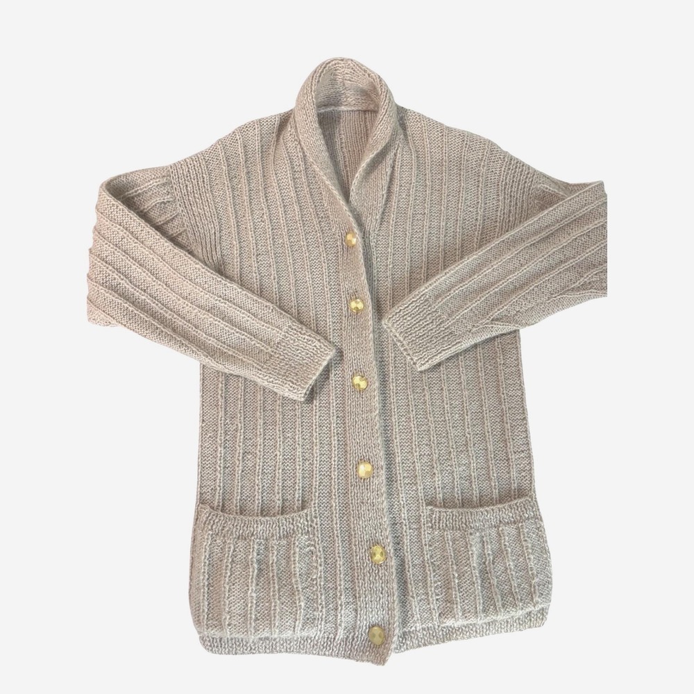 Vtg Beige Shawl Collar Knit Cardigan Sweater Gold Buttons Wool Grandpa Mr.Rogers